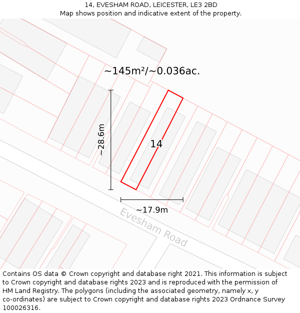 14, EVESHAM ROAD, LEICESTER, LE3 2BD: Plot and title map