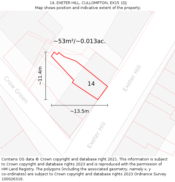 14, EXETER HILL, CULLOMPTON, EX15 1DJ: Plot and title map