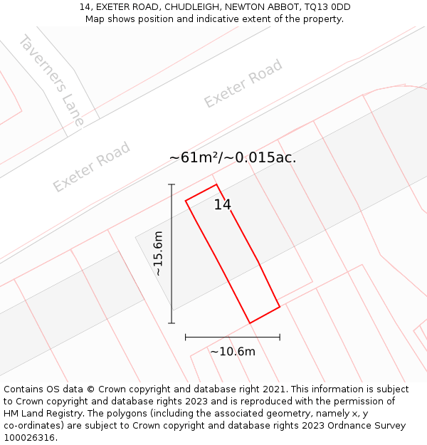 14, EXETER ROAD, CHUDLEIGH, NEWTON ABBOT, TQ13 0DD: Plot and title map