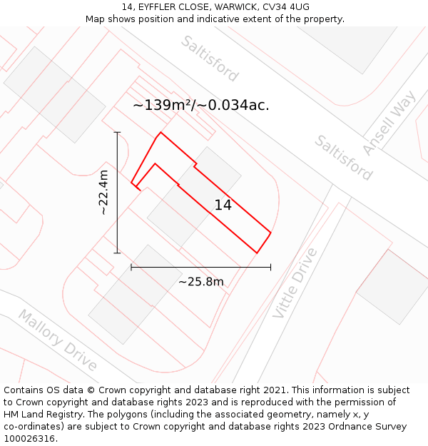 14, EYFFLER CLOSE, WARWICK, CV34 4UG: Plot and title map