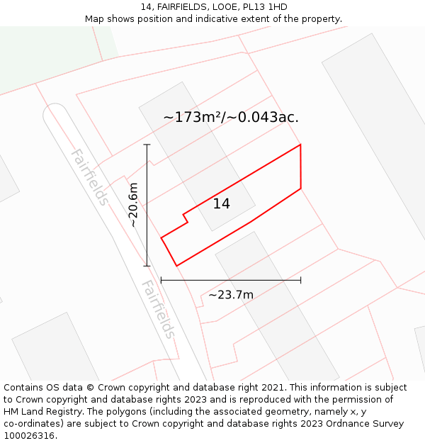 14, FAIRFIELDS, LOOE, PL13 1HD: Plot and title map