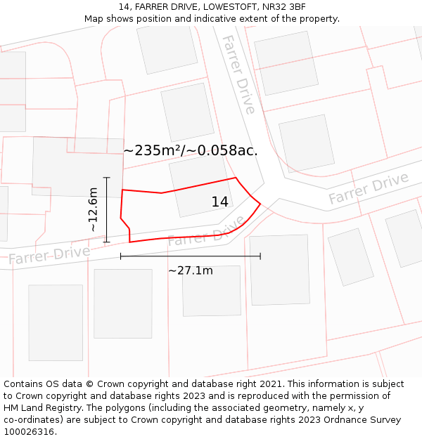14, FARRER DRIVE, LOWESTOFT, NR32 3BF: Plot and title map