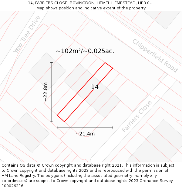 14, FARRIERS CLOSE, BOVINGDON, HEMEL HEMPSTEAD, HP3 0UL: Plot and title map