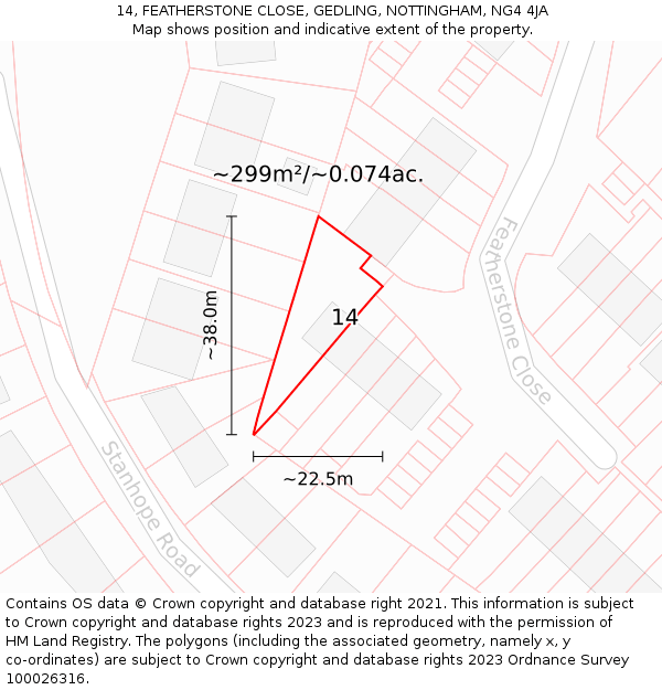 14, FEATHERSTONE CLOSE, GEDLING, NOTTINGHAM, NG4 4JA: Plot and title map