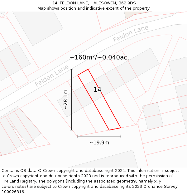 14, FELDON LANE, HALESOWEN, B62 9DS: Plot and title map