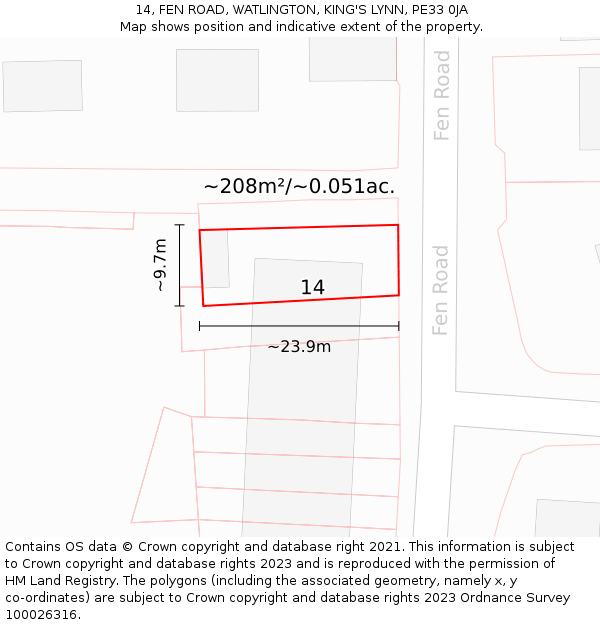 14, FEN ROAD, WATLINGTON, KING'S LYNN, PE33 0JA: Plot and title map
