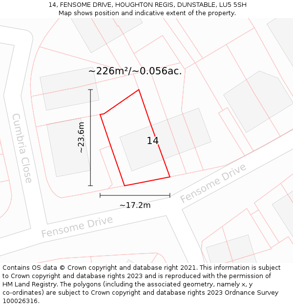 14, FENSOME DRIVE, HOUGHTON REGIS, DUNSTABLE, LU5 5SH: Plot and title map