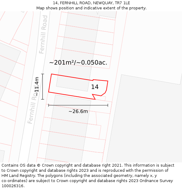 14, FERNHILL ROAD, NEWQUAY, TR7 1LE: Plot and title map