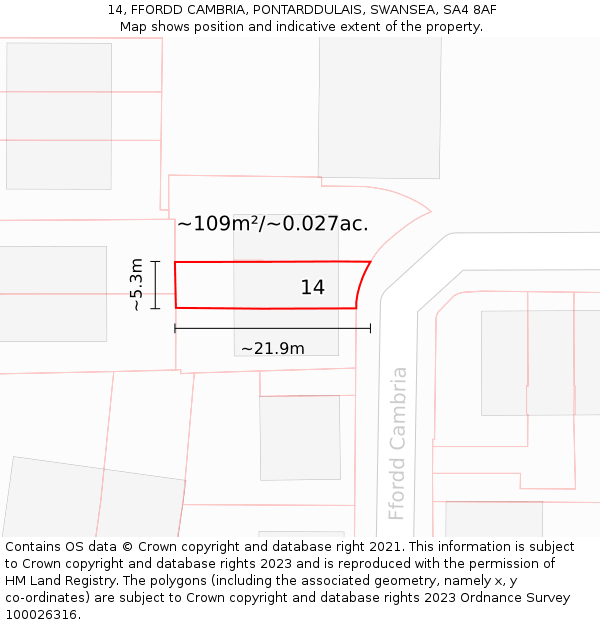 14, FFORDD CAMBRIA, PONTARDDULAIS, SWANSEA, SA4 8AF: Plot and title map