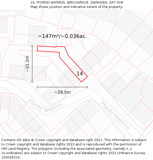 14, FFORDD WATKINS, BIRCHGROVE, SWANSEA, SA7 0HP: Plot and title map