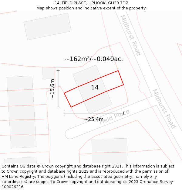 14, FIELD PLACE, LIPHOOK, GU30 7DZ: Plot and title map
