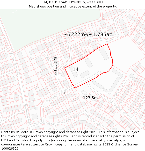 14, FIELD ROAD, LICHFIELD, WS13 7RU: Plot and title map