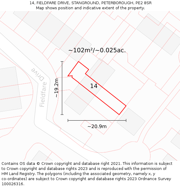 14, FIELDFARE DRIVE, STANGROUND, PETERBOROUGH, PE2 8SR: Plot and title map