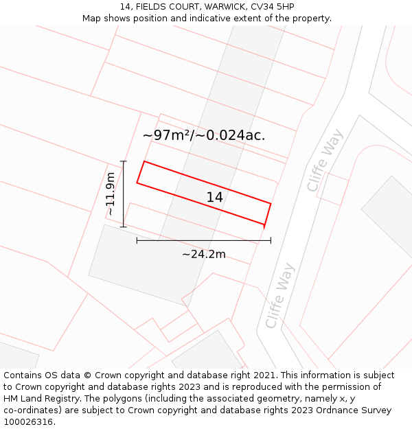 14, FIELDS COURT, WARWICK, CV34 5HP: Plot and title map