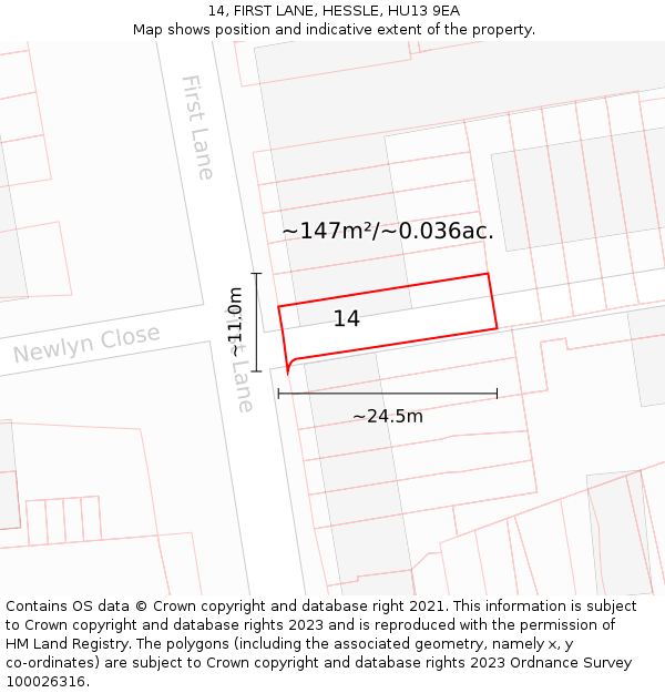 14, FIRST LANE, HESSLE, HU13 9EA: Plot and title map