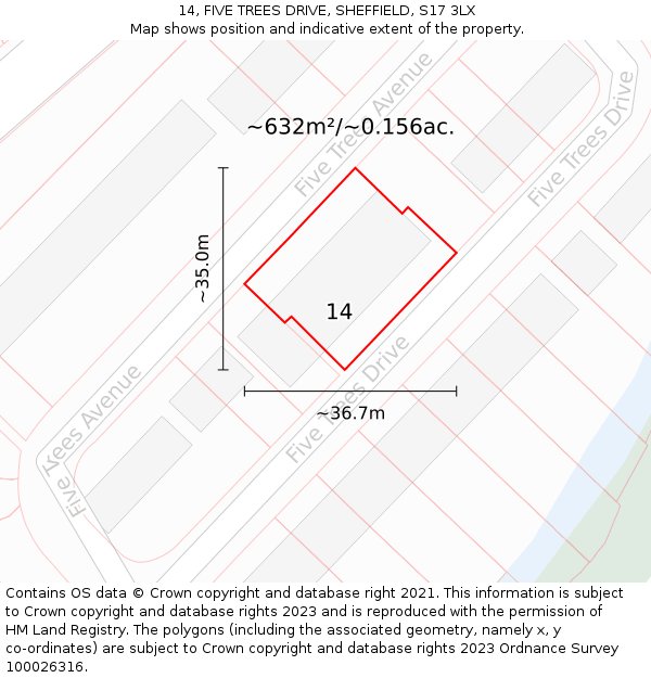 14, FIVE TREES DRIVE, SHEFFIELD, S17 3LX: Plot and title map