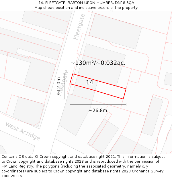 14, FLEETGATE, BARTON-UPON-HUMBER, DN18 5QA: Plot and title map