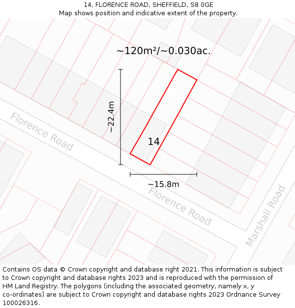 14, FLORENCE ROAD, SHEFFIELD, S8 0GE: Plot and title map