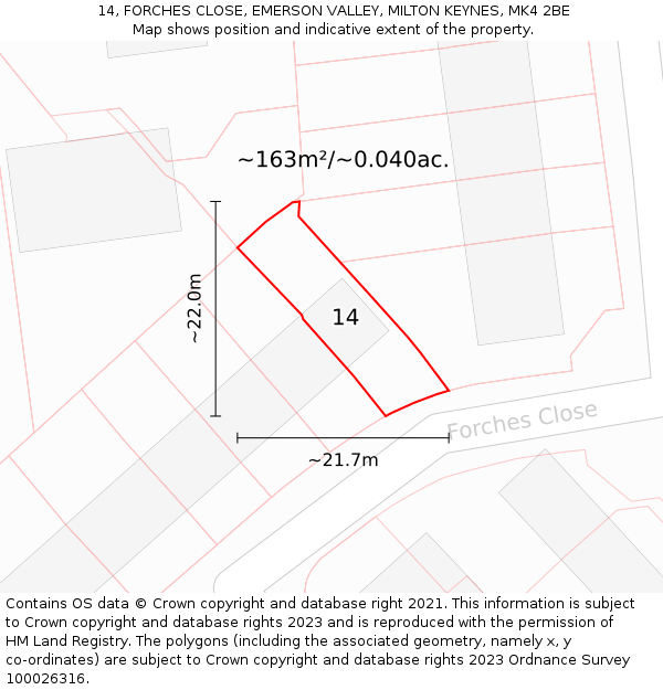 14, FORCHES CLOSE, EMERSON VALLEY, MILTON KEYNES, MK4 2BE: Plot and title map