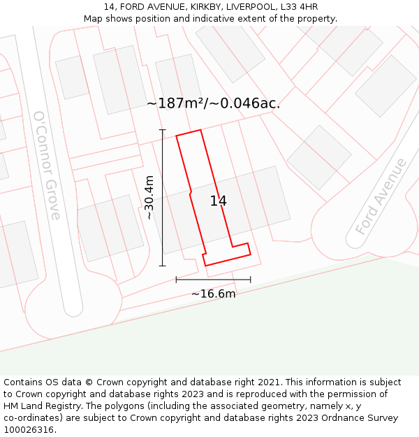 14, FORD AVENUE, KIRKBY, LIVERPOOL, L33 4HR: Plot and title map