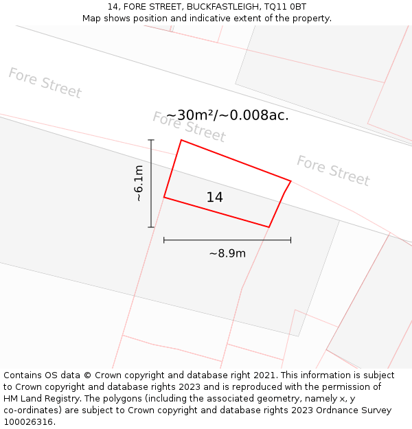 14, FORE STREET, BUCKFASTLEIGH, TQ11 0BT: Plot and title map