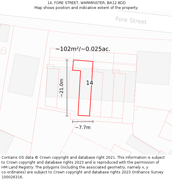 14, FORE STREET, WARMINSTER, BA12 8DD: Plot and title map