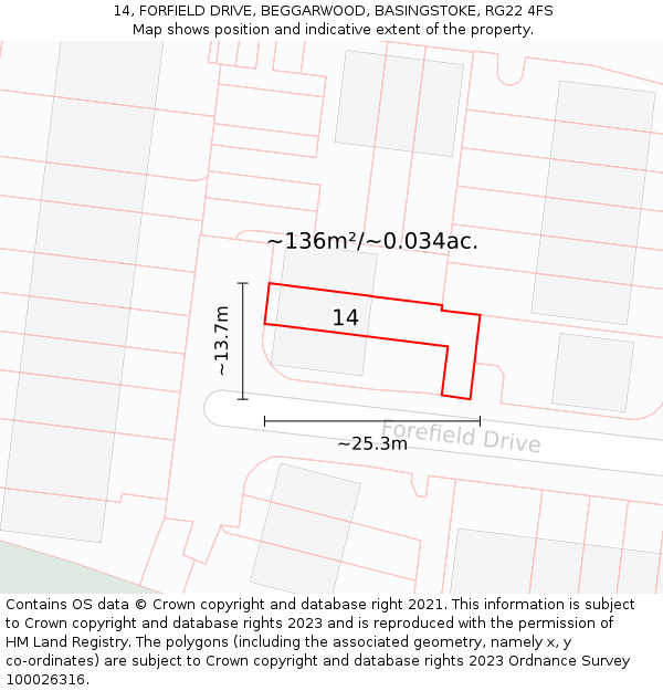 14, FORFIELD DRIVE, BEGGARWOOD, BASINGSTOKE, RG22 4FS: Plot and title map