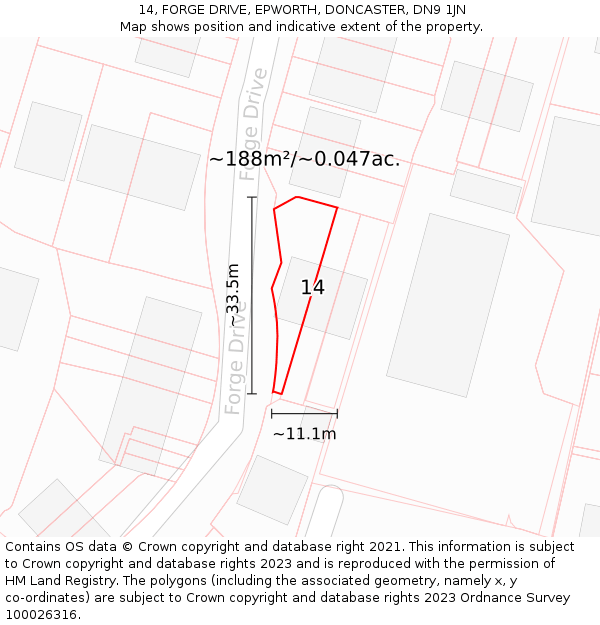 14, FORGE DRIVE, EPWORTH, DONCASTER, DN9 1JN: Plot and title map