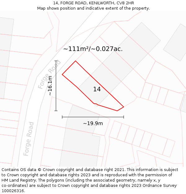 14, FORGE ROAD, KENILWORTH, CV8 2HR: Plot and title map