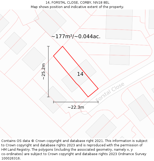 14, FORSTAL CLOSE, CORBY, NN18 8EL: Plot and title map