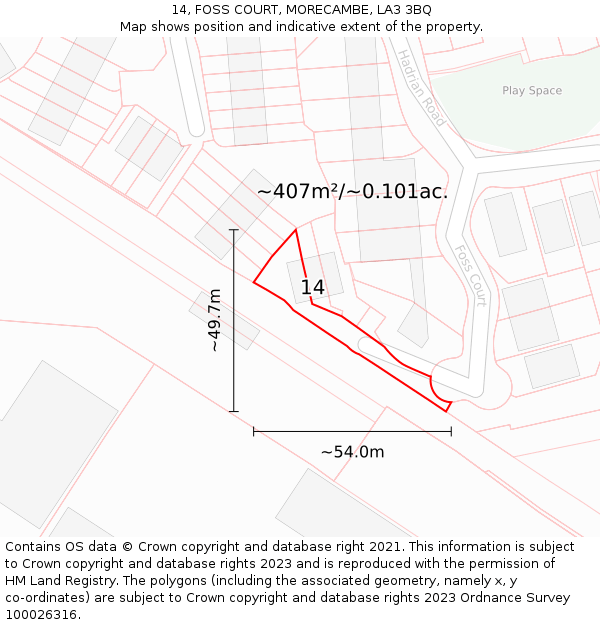 14, FOSS COURT, MORECAMBE, LA3 3BQ: Plot and title map