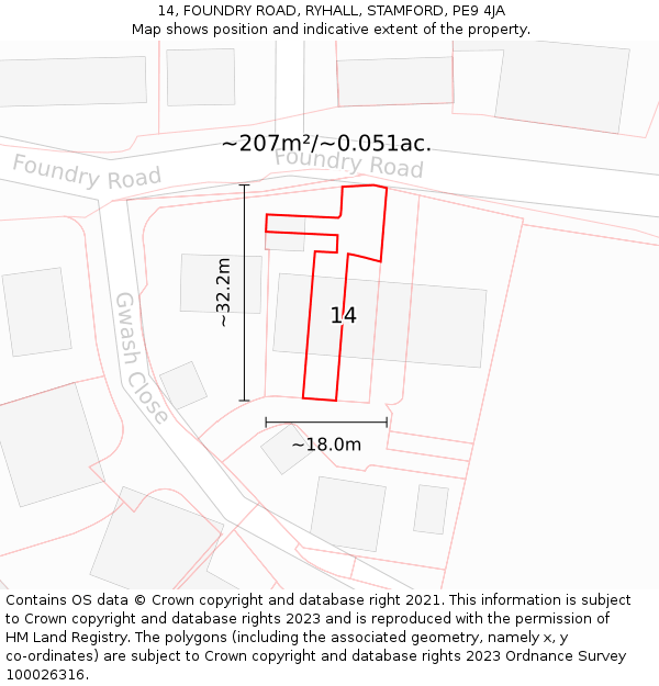 14, FOUNDRY ROAD, RYHALL, STAMFORD, PE9 4JA: Plot and title map