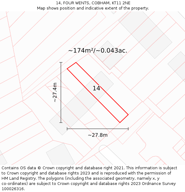 14, FOUR WENTS, COBHAM, KT11 2NE: Plot and title map