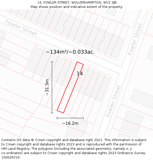 14, FOWLER STREET, WOLVERHAMPTON, WV2 3JB: Plot and title map