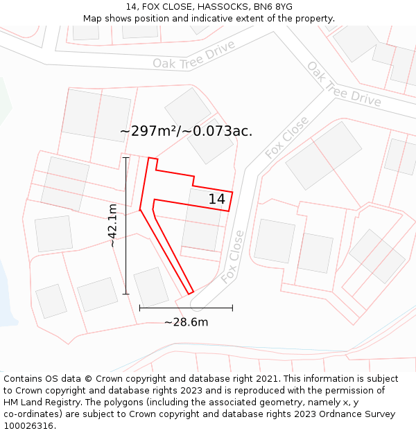 14, FOX CLOSE, HASSOCKS, BN6 8YG: Plot and title map