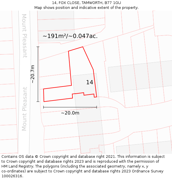 14, FOX CLOSE, TAMWORTH, B77 1GU: Plot and title map