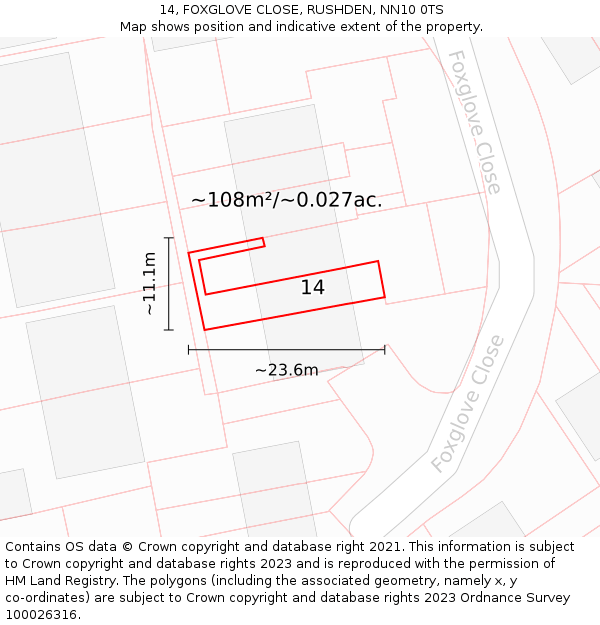 14, FOXGLOVE CLOSE, RUSHDEN, NN10 0TS: Plot and title map