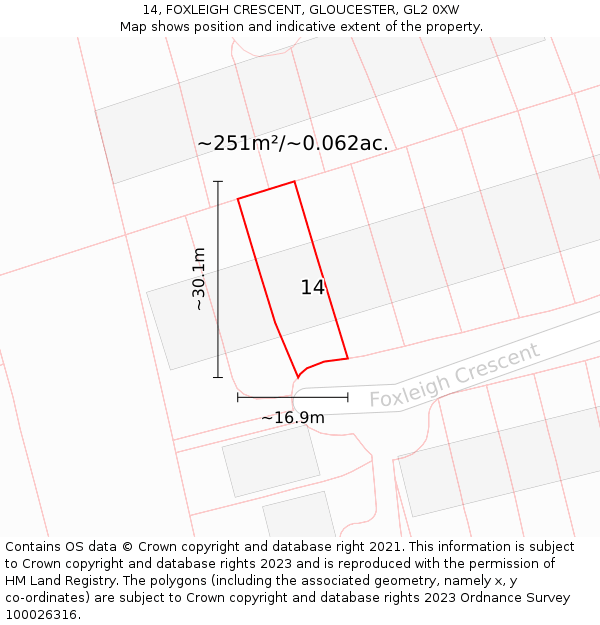 14, FOXLEIGH CRESCENT, GLOUCESTER, GL2 0XW: Plot and title map