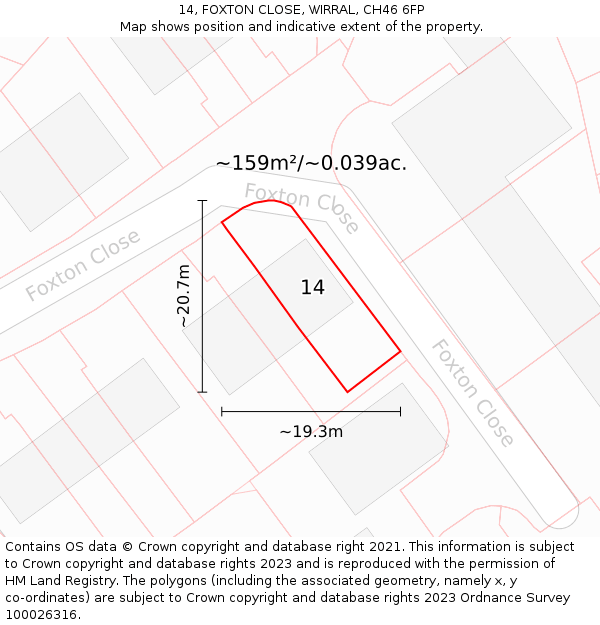 14, FOXTON CLOSE, WIRRAL, CH46 6FP: Plot and title map