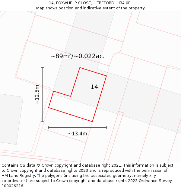 14, FOXWHELP CLOSE, HEREFORD, HR4 0PL: Plot and title map
