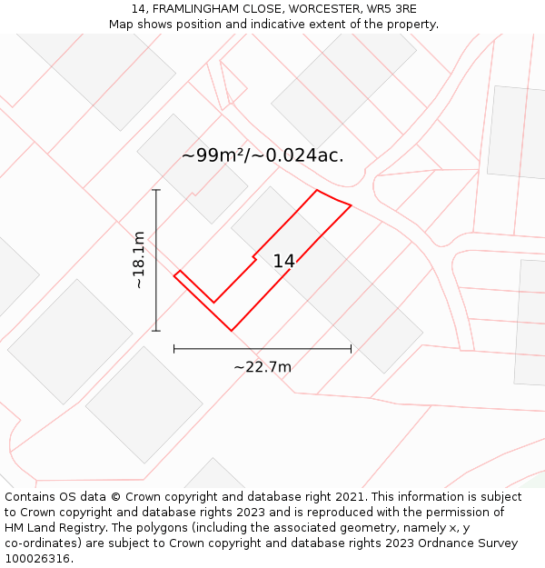 14, FRAMLINGHAM CLOSE, WORCESTER, WR5 3RE: Plot and title map