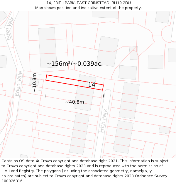 14, FRITH PARK, EAST GRINSTEAD, RH19 2BU: Plot and title map