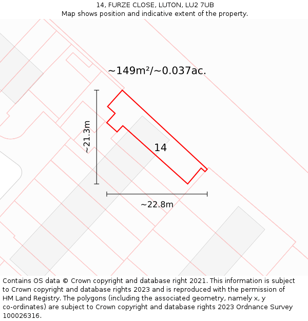 14, FURZE CLOSE, LUTON, LU2 7UB: Plot and title map