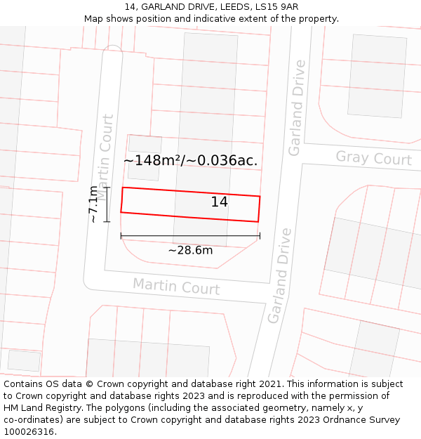 14, GARLAND DRIVE, LEEDS, LS15 9AR: Plot and title map