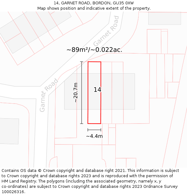 14, GARNET ROAD, BORDON, GU35 0XW: Plot and title map