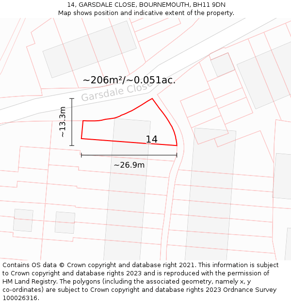 14, GARSDALE CLOSE, BOURNEMOUTH, BH11 9DN: Plot and title map