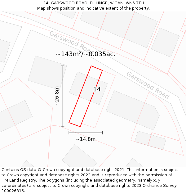 14, GARSWOOD ROAD, BILLINGE, WIGAN, WN5 7TH: Plot and title map