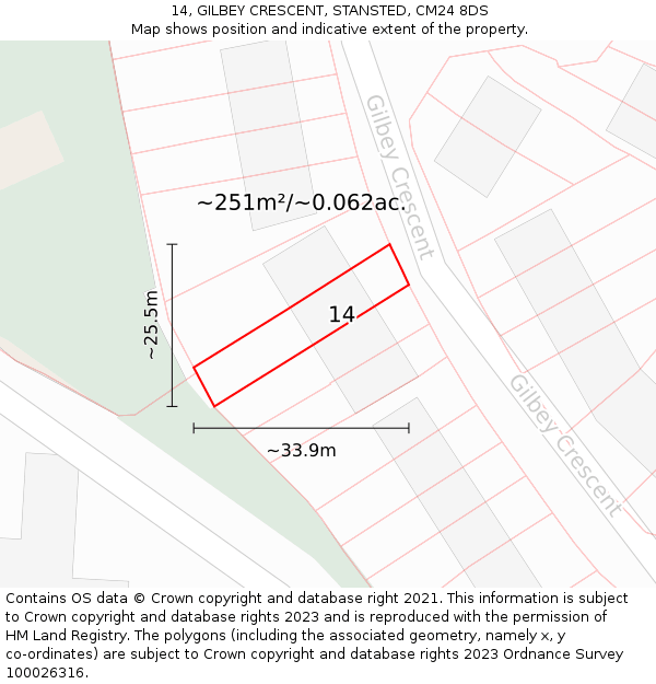 14, GILBEY CRESCENT, STANSTED, CM24 8DS: Plot and title map