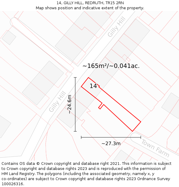 14, GILLY HILL, REDRUTH, TR15 2RN: Plot and title map
