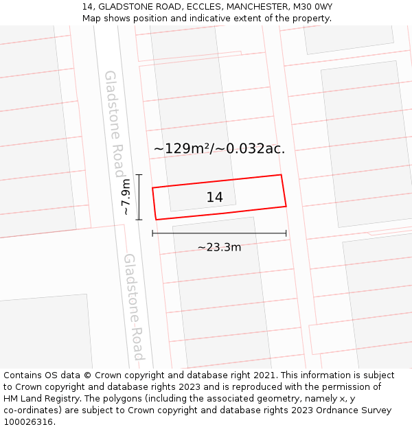 14, GLADSTONE ROAD, ECCLES, MANCHESTER, M30 0WY: Plot and title map